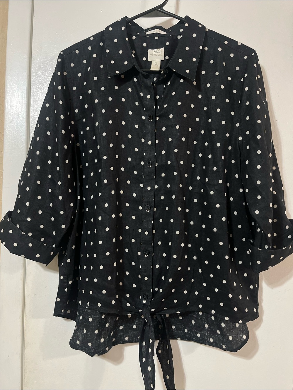 Chico's 1 or Women's Med 8 100% Linen Polka Dot Tie-Front Button-Up Shirt Black - Picture 1 of 6